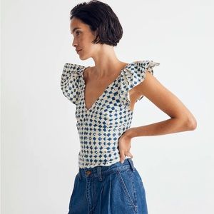 BRAND NEW Madewell Shibori-Print V-Back Top size 00 color Blue Ivory Shibori